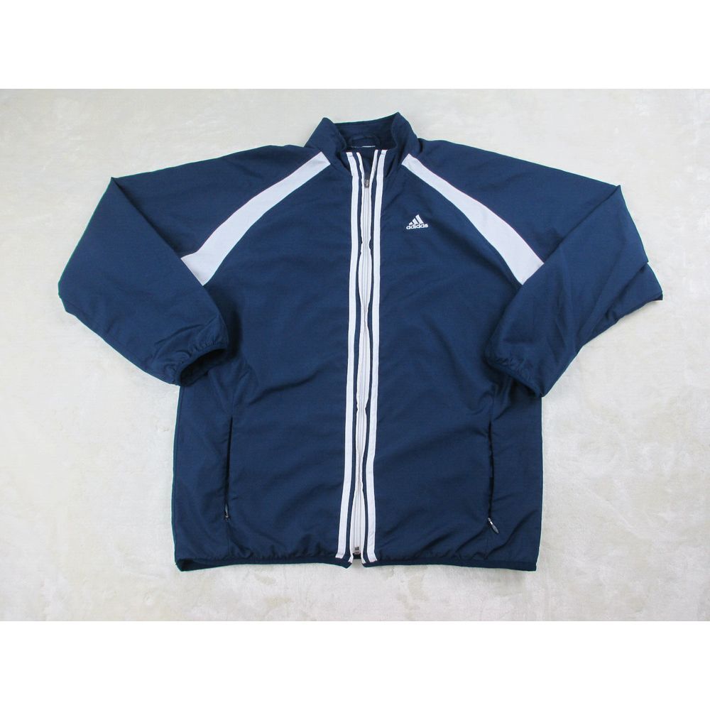 Adidas Jacket Mens Medium Blue White Full Zip Spell Out‎ Stripes Casual*